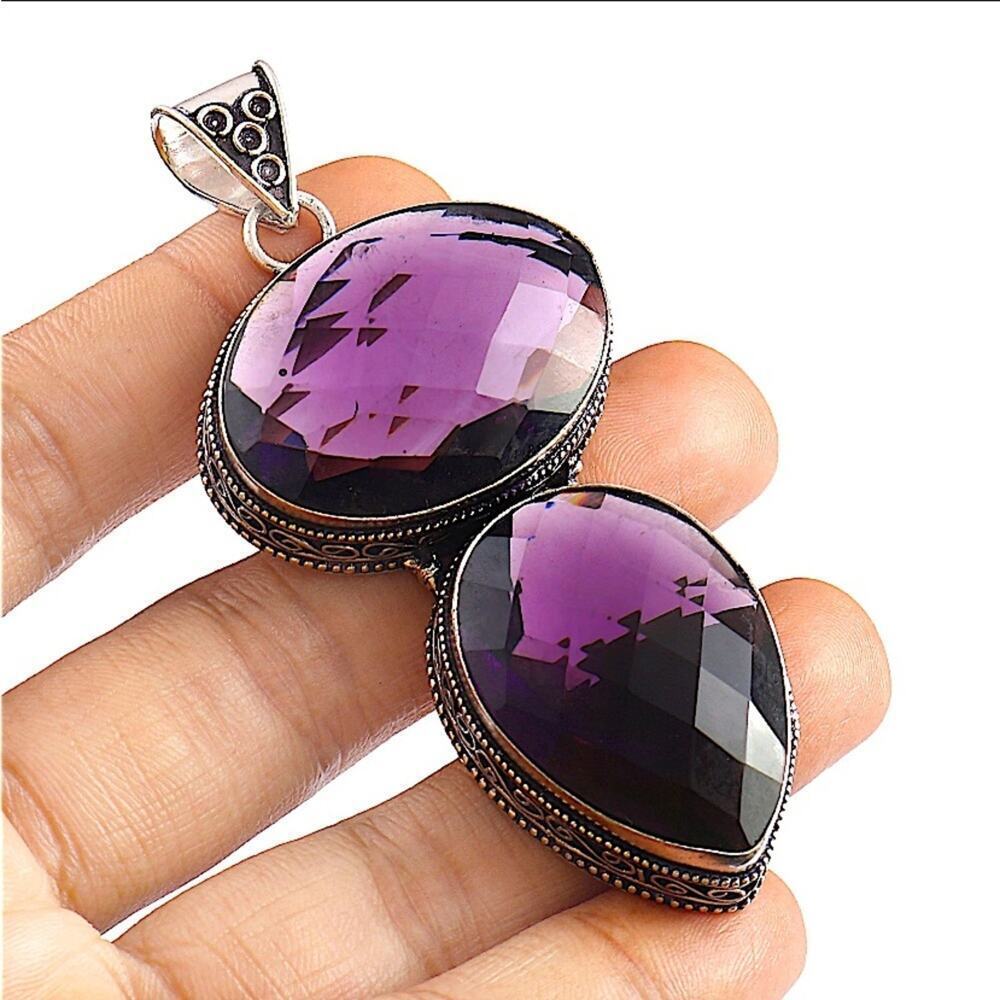 Antique Amethyst Pendant Necklace, Sterling Silver, Charm Gemstone, State…